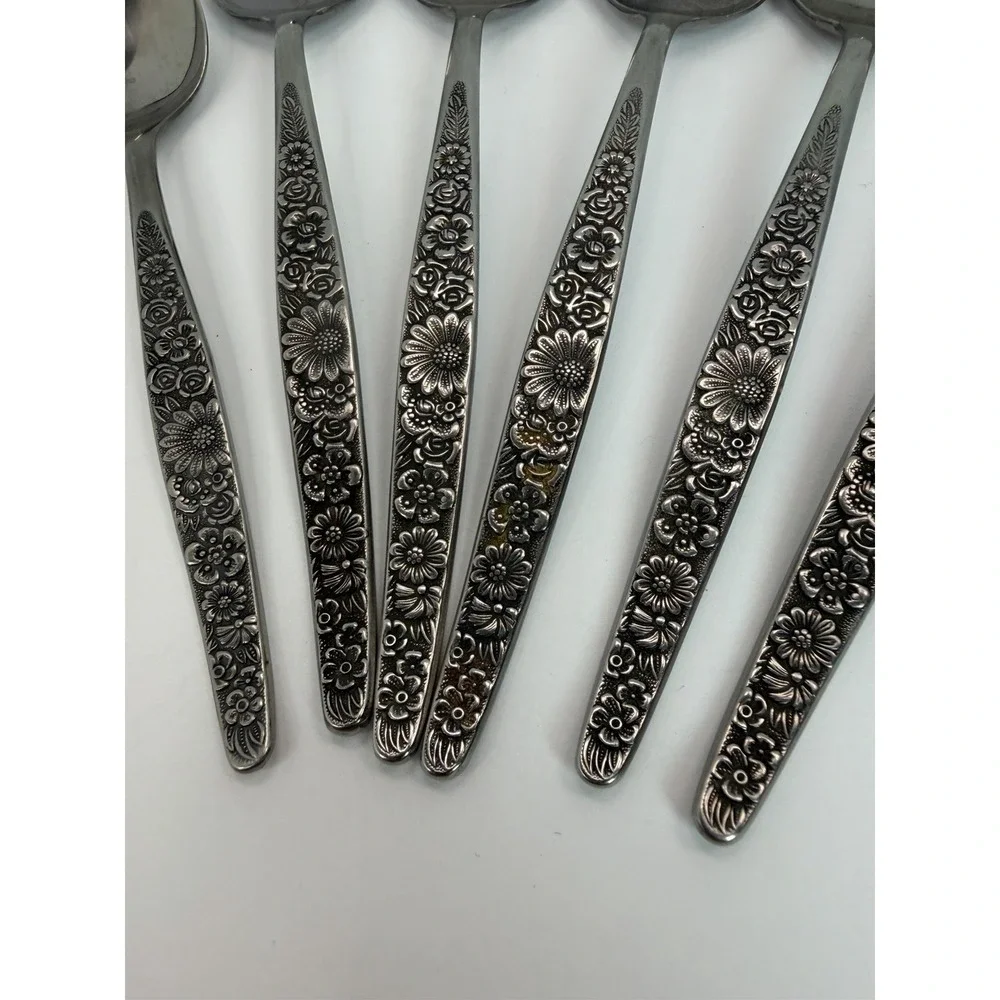 MCM Interpur JARDINERA Stainless Steel Japan Floral 5 Soup Spoons 1 Sugar Spoon